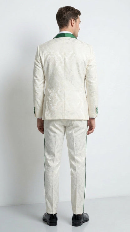 Mens Green & White Tuxedo Suit – White Floral Jacquard Wedding Suit with Green Shawl Lapel