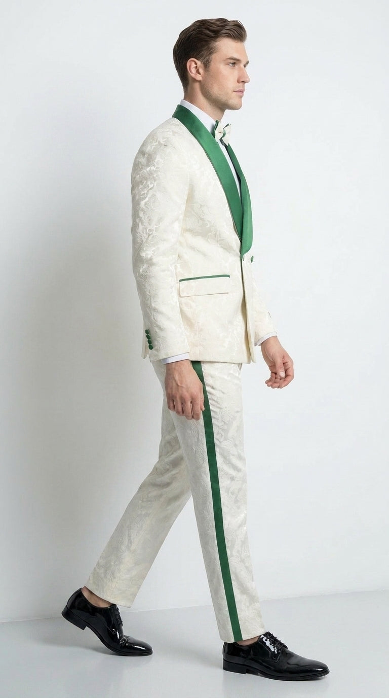 Mens Green & White Tuxedo Suit – White Floral Jacquard Wedding Suit with Green Shawl Lapel