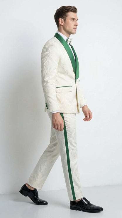 Mens Green & White Tuxedo Suit – White Floral Jacquard Wedding Suit with Green Shawl Lapel