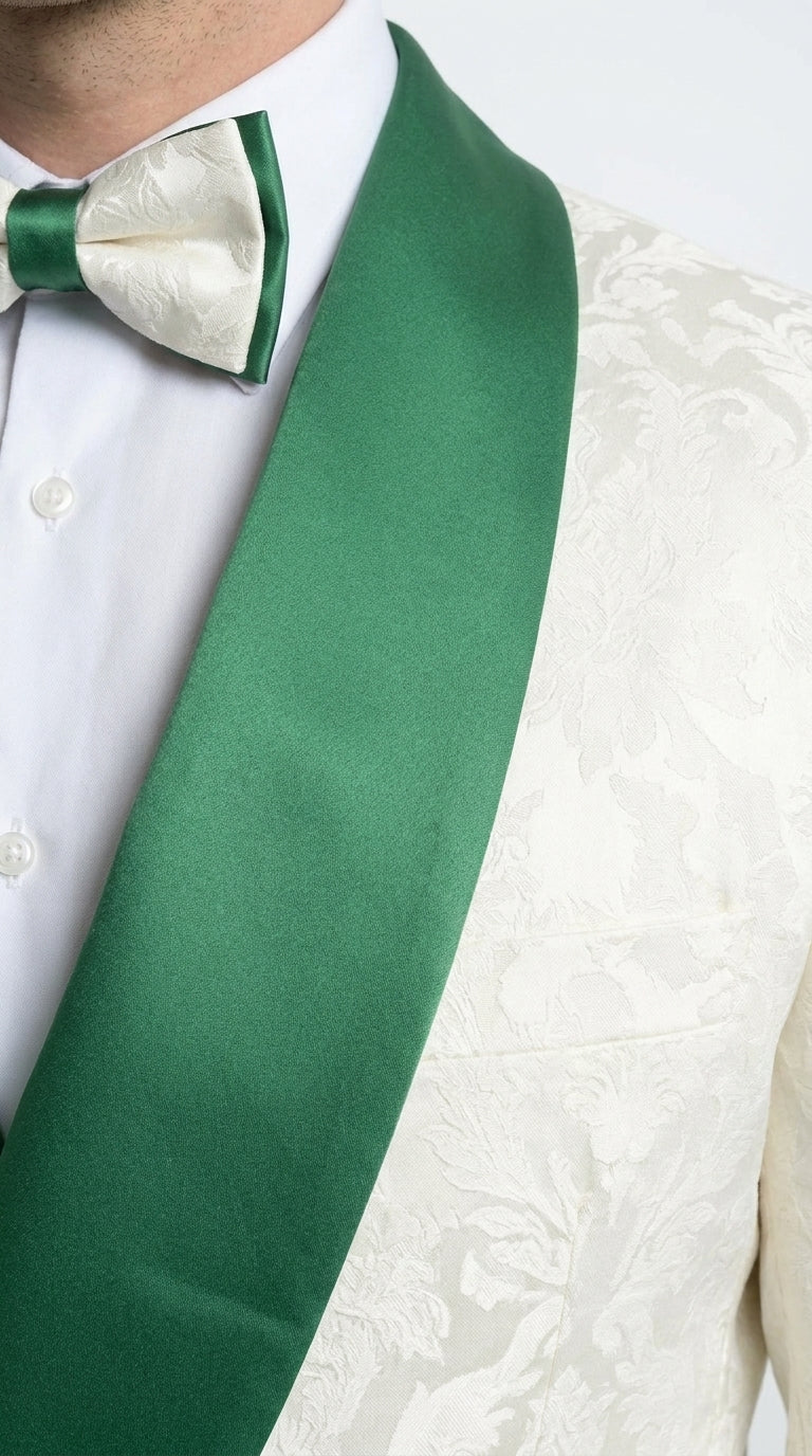Mens Green & White Tuxedo Suit – White Floral Jacquard Wedding Suit with Green Shawl Lapel