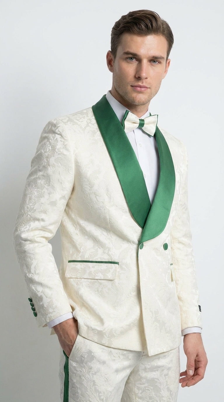 Mens Green & White Tuxedo Suit – White Floral Jacquard Wedding Suit with Green Shawl Lapel