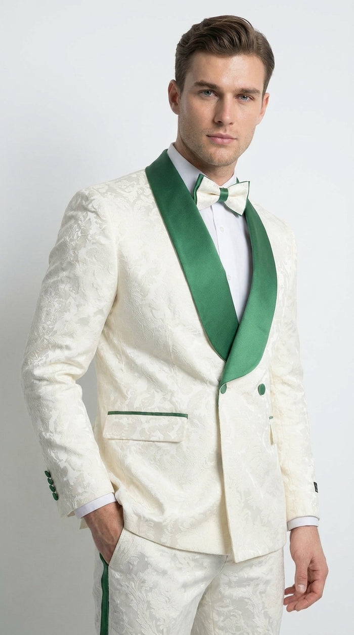 Mens Green & White Tuxedo Suit – White Floral Jacquard Wedding Suit with Green Shawl Lapel