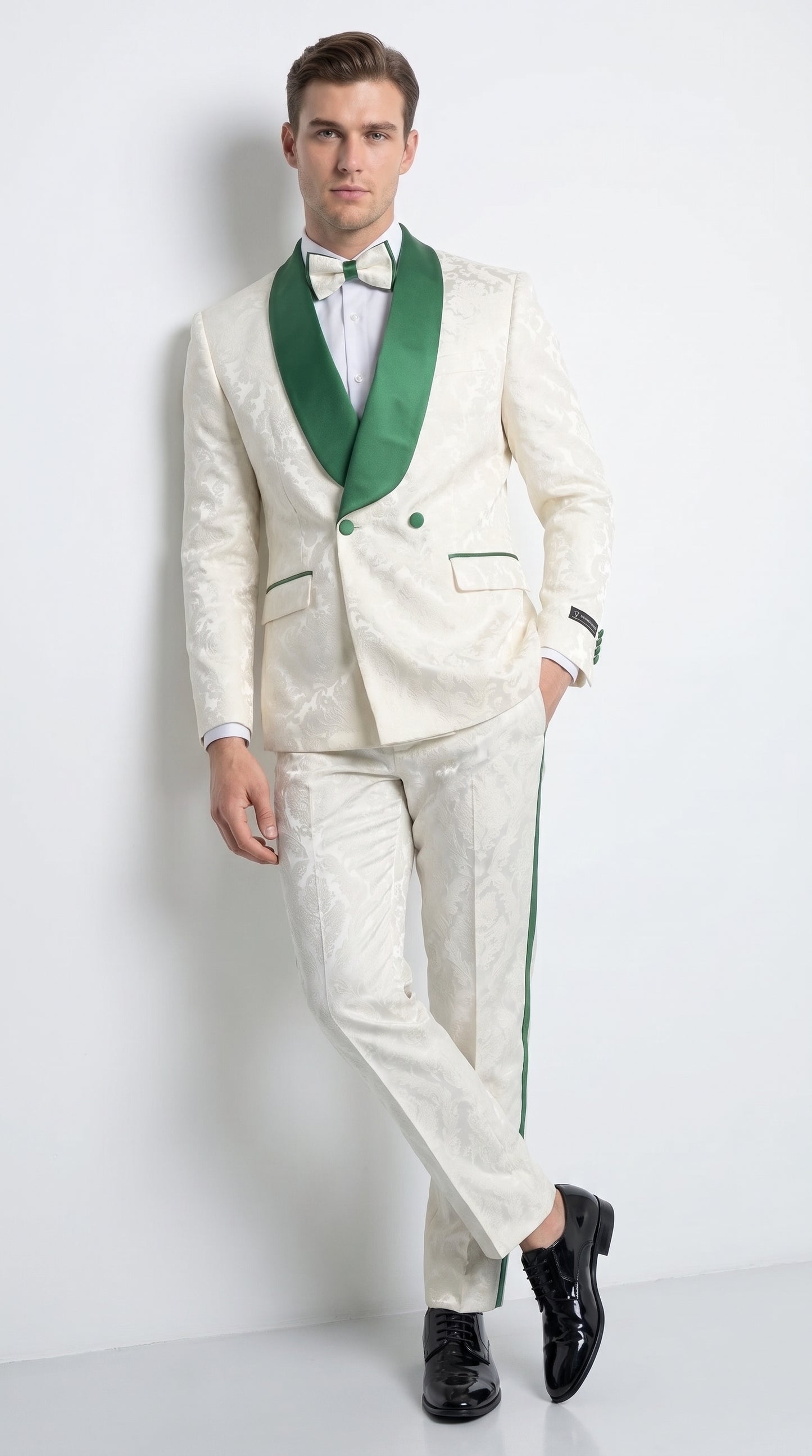 Mens Green & White Tuxedo Suit – White Floral Jacquard Wedding Suit with Green Shawl Lapel