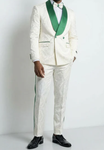 Mens Green & White Tuxedo Suit – White Floral Jacquard Wedding Suit with Green Shawl Lapel