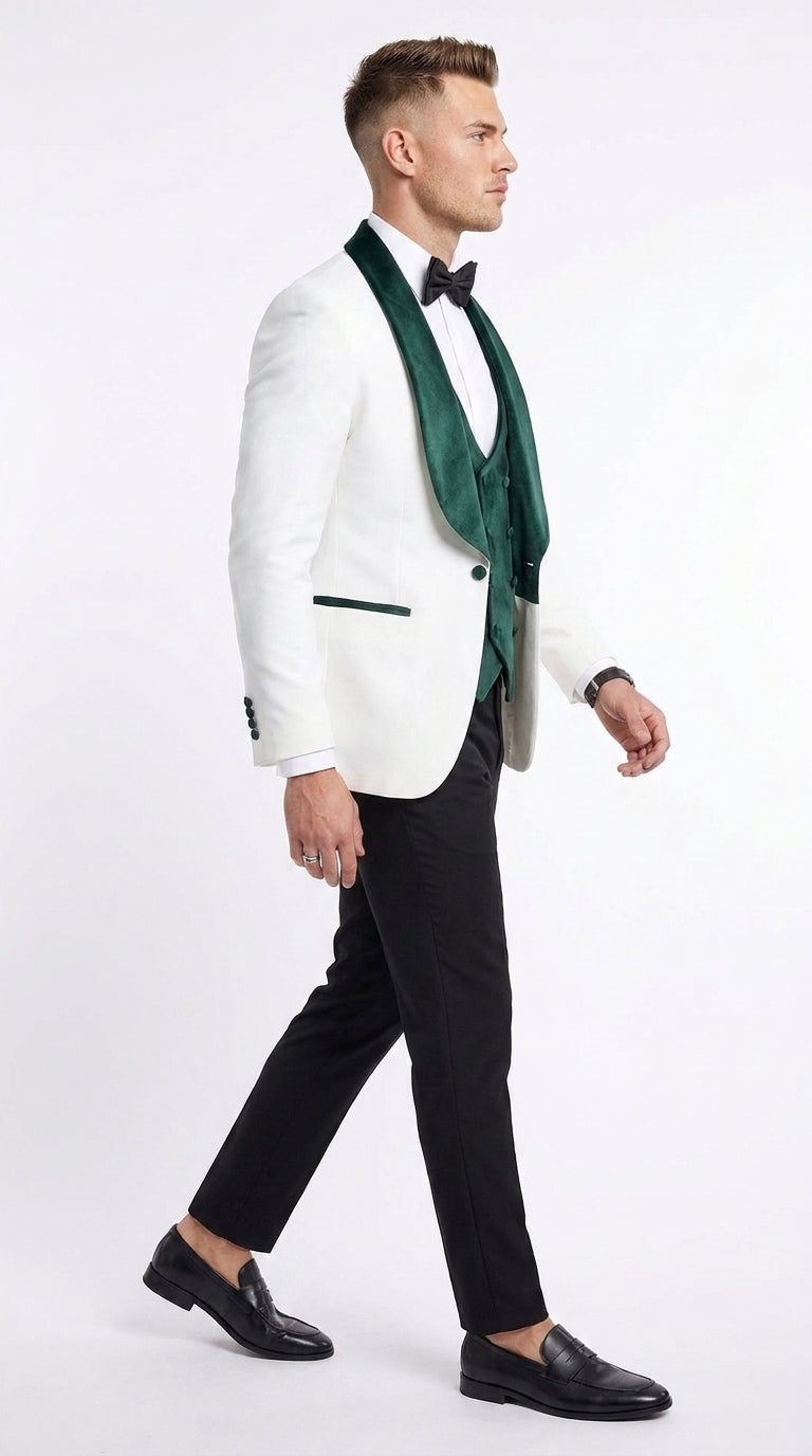 Mens Green & White Tuxedo with Black Pants – Velvet Shawl Lapel 3-Piece Wedding Suit