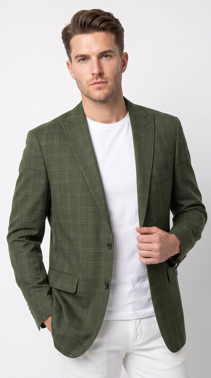Men’s Green Windowpane Blazer – Two-Button Plaid Sport Coat for Weddings, Business and Modern Fit
