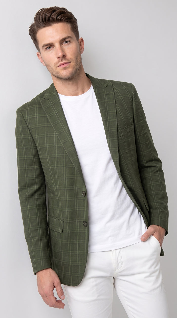 Men’s Green Windowpane Blazer – Two-Button Plaid Sport Coat for Weddings, Business and Modern Fit