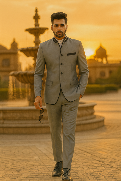 Mens 4 button Mandarin Tuxedo in Sharkskin Silver Grey with Black Trim 9 18-6081  - from alligatorwarehouse.com