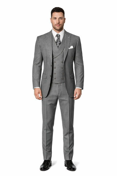 Mens Gangster Pinstripe 2 Button Double Breasted Vest Grey Suit