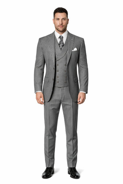 Mens Gangster Pinstripe 2 Button Double Breasted Vest Grey Suit