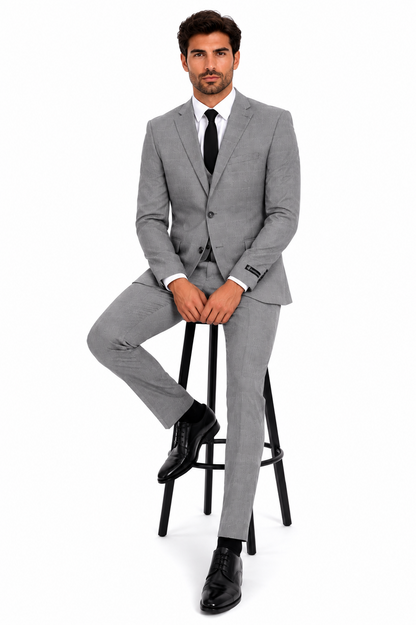 Men’s Grey Plaid 3-Piece Tailored Fit Suit with Vest
