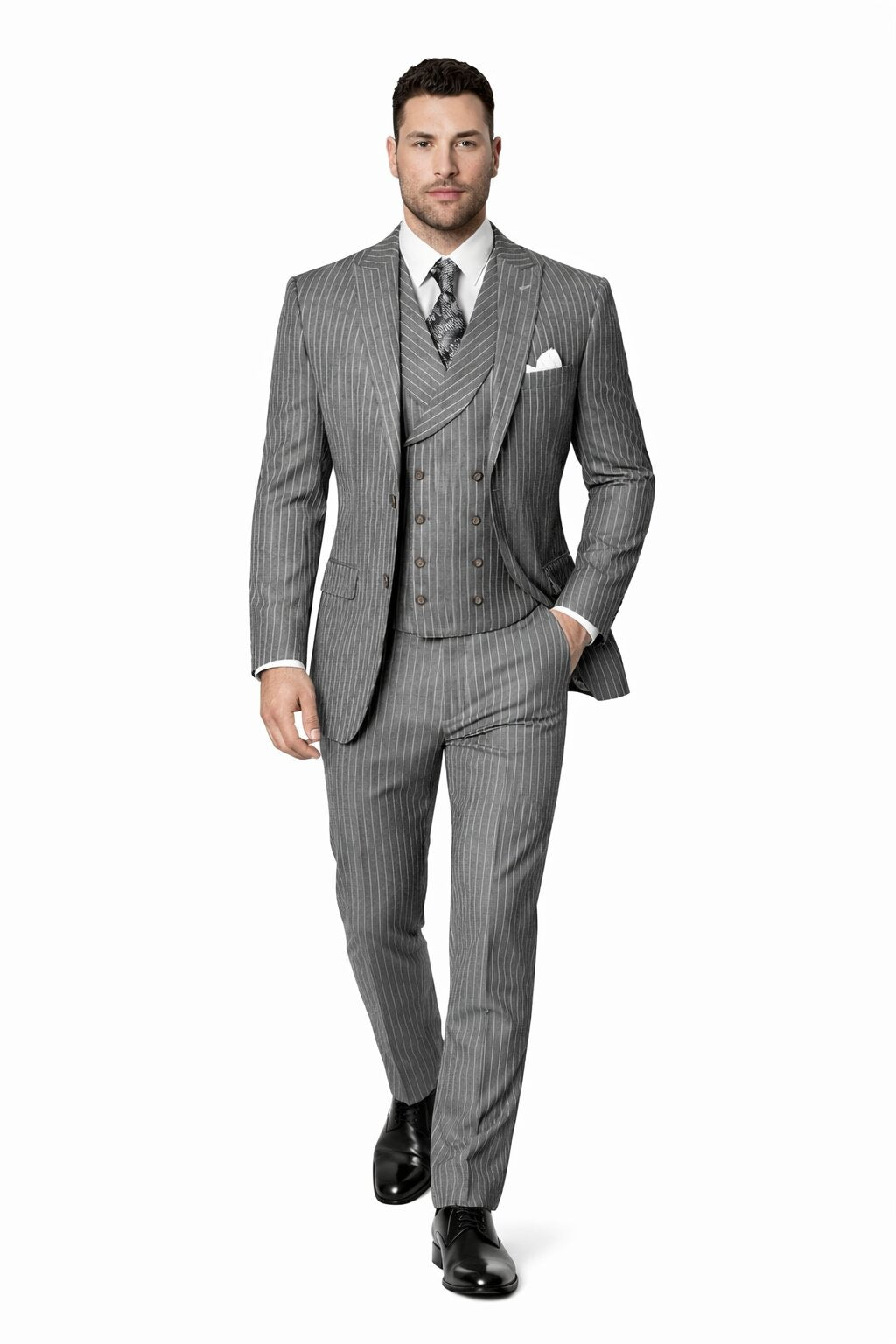 Mens Gangster Pinstripe 2 Button Double Breasted Vest Grey Suit