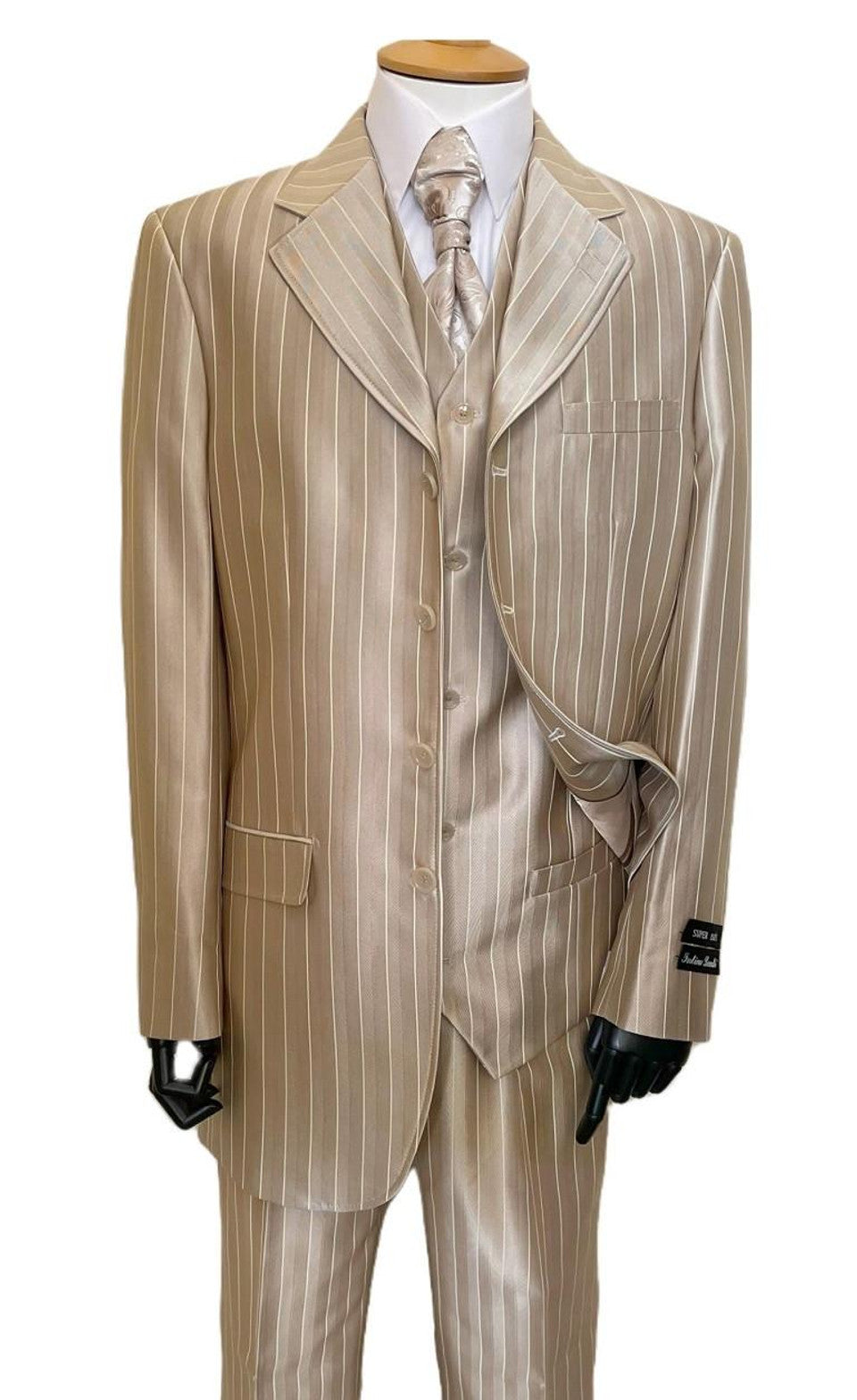 Zoot Suit - Shiny Gold Champaign Mens Harlem Gangster Suit 1920s Tan Stripe Fortino 2911V 1   - from alligatorwarehouse.com