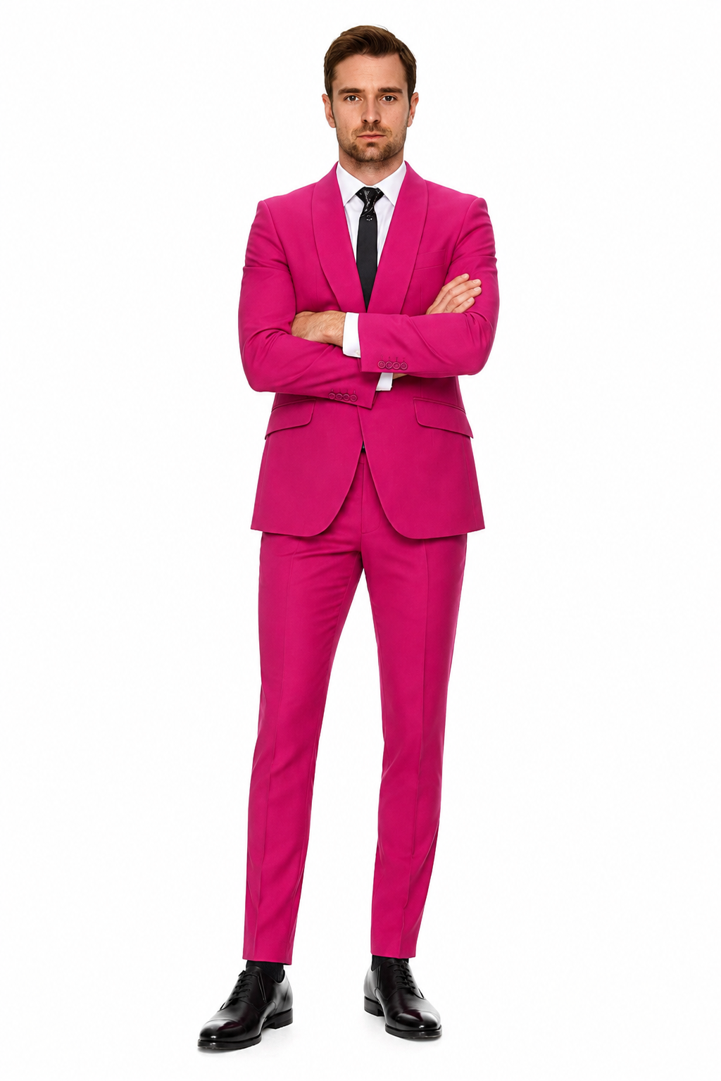 Mens Hot Pink Tuxedo Dinner Jacket + Pants with Shawl Lapel – Slim Fit 2-Piece Suit for Weddings, Proms Suit in Fuchsia Color