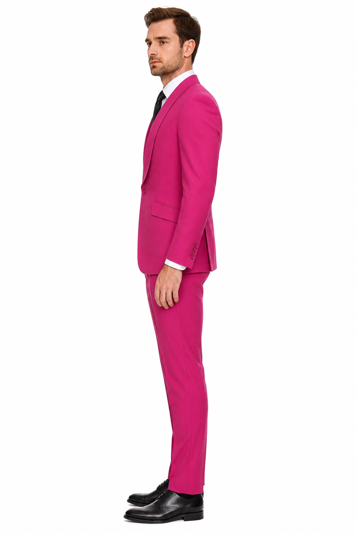 Mens Hot Pink Tuxedo Dinner Jacket + Pants with Shawl Lapel – Slim Fit 2-Piece Suit for Weddings, Proms Suit in Fuchsia Colors