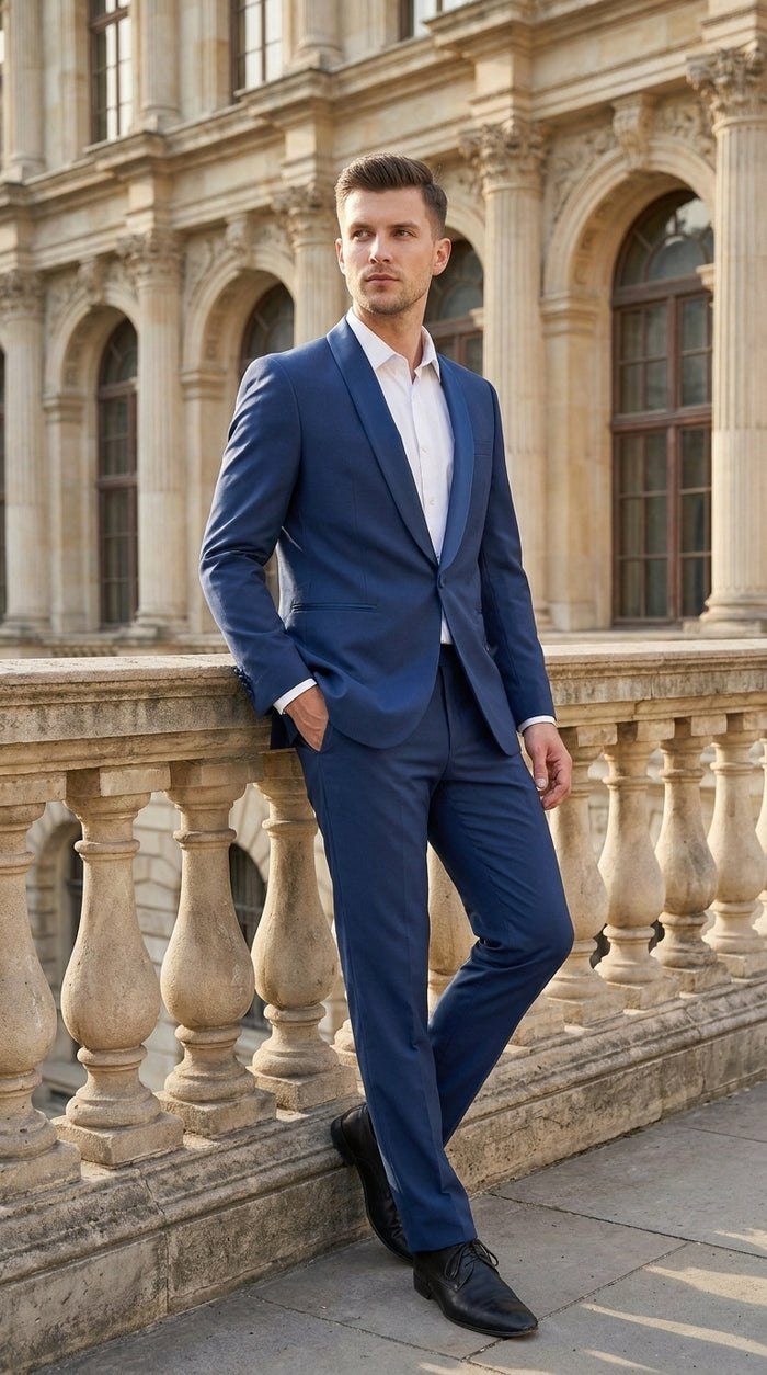 Mens Indigo Cobalt Blue Light Royal Blue Tuxedo Suit – Satin Shawl Lapel Wedding, Prom and Formal 2-Piece Suit