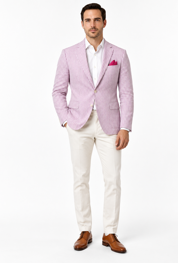 Mens Italian Lavender Seersucker Blazer – Lightweight Summer Striped Suit Jacket