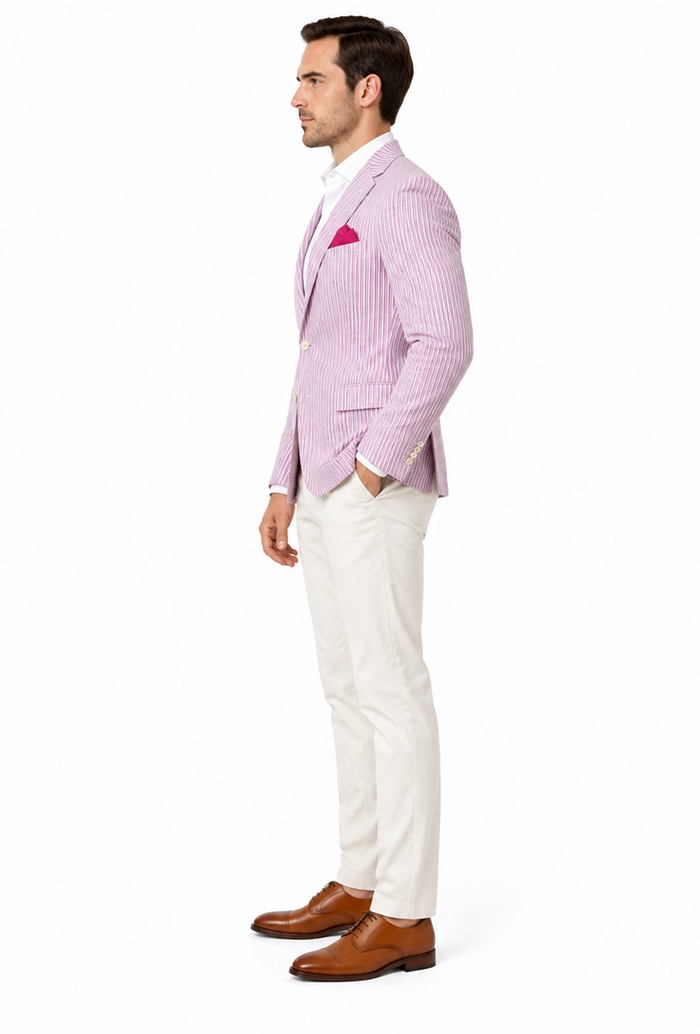 Mens Italian Lavender Seersucker Blazer – Lightweight Summer Striped Suit Jacket