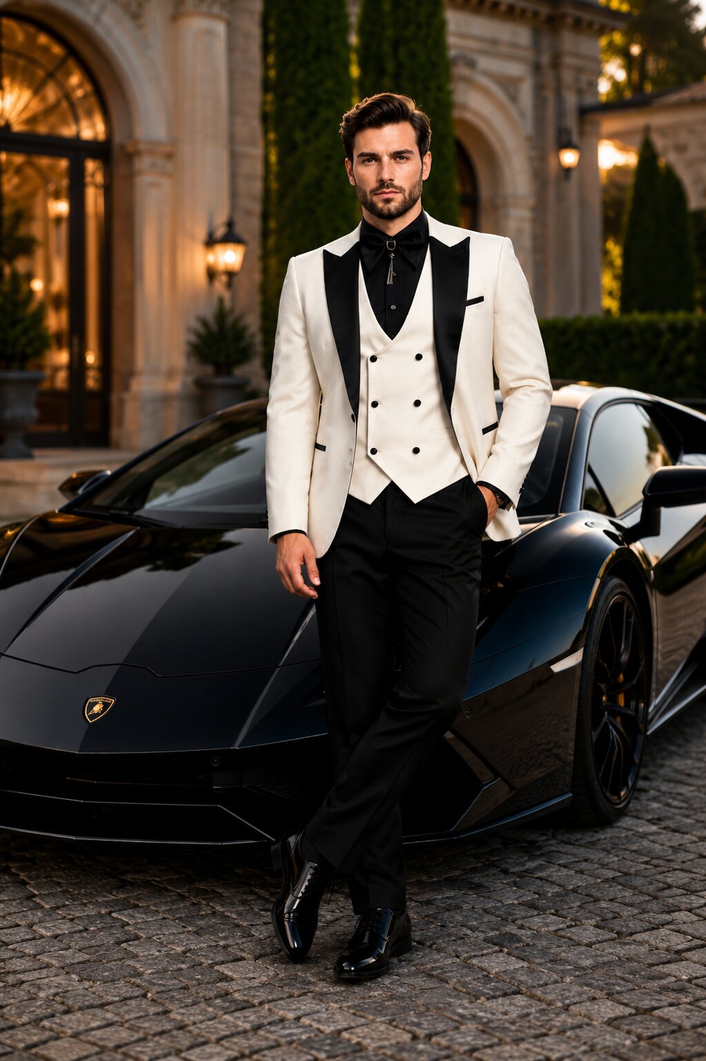 Giovanni Testi Suits With Double Breasted Vest - 3 Pieces Ivory and Black Peak Lapel Suit