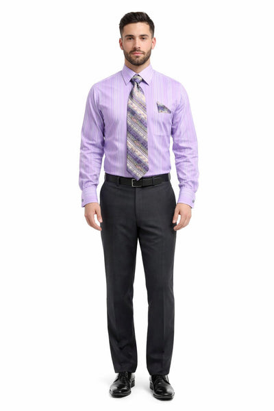 Men's Tonal Stripe French Cuff Dress Shirt, Tie & Hanky Set in Lavender