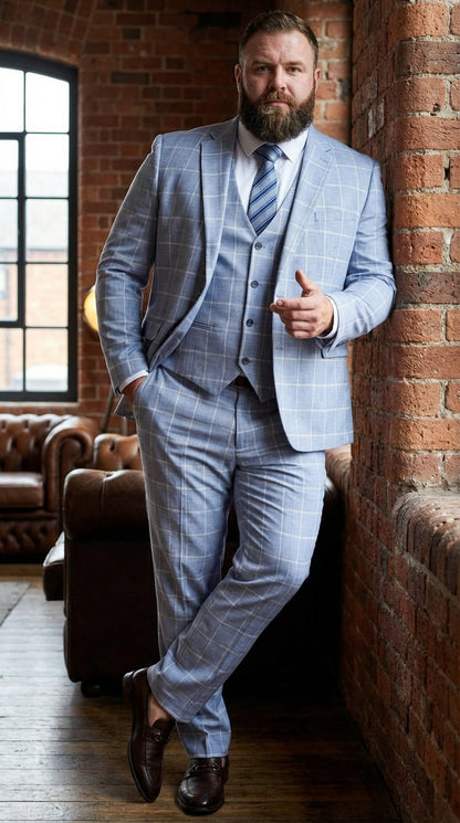 Mens Light Blue Plaid Three Piece Suit – Windowpane Check Wedding and Business Formal Suit Set