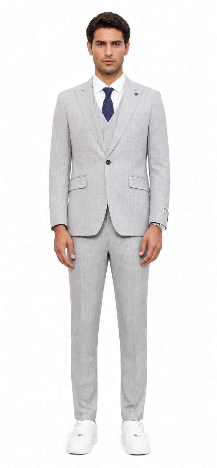 Mens Light Gray and Black Pinstripe 3 Piece Suit – Peaky Blinders Inspired Vintage Gangster 1920s Suit