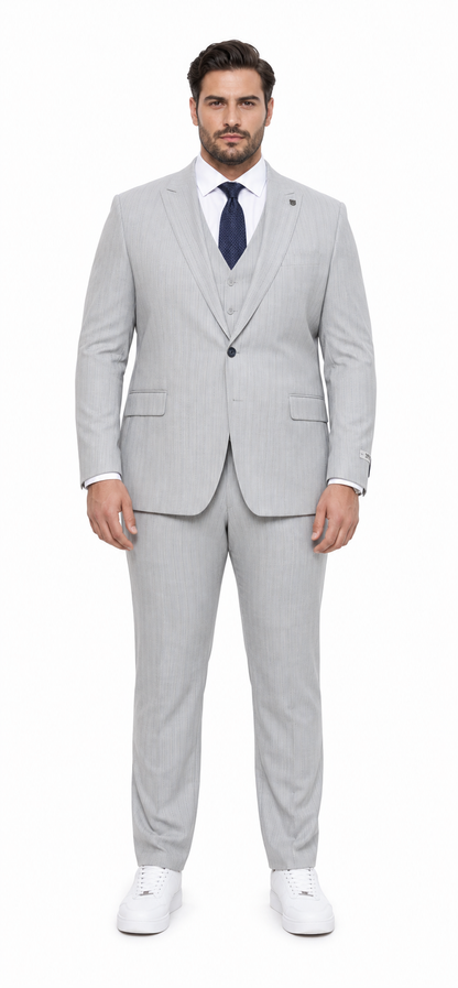 Mens Light Gray and Black Pinstripe 3 Piece Suit – Peaky Blinders Inspired Vintage Gangster 1920s Suit