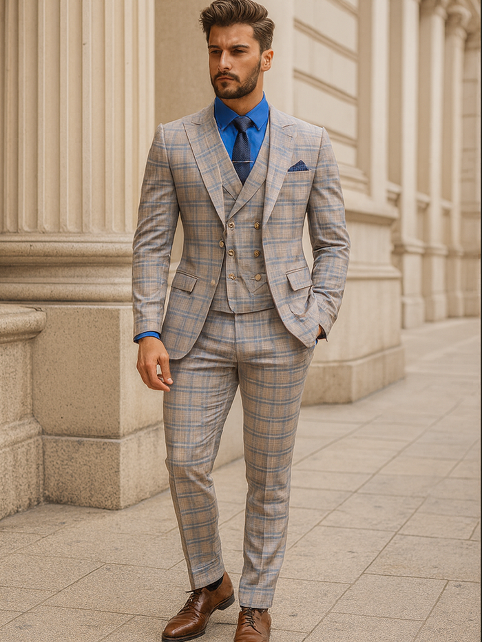Men’s Light Plaid 3-Piece Suit with Vest – Stylish Formal Wear