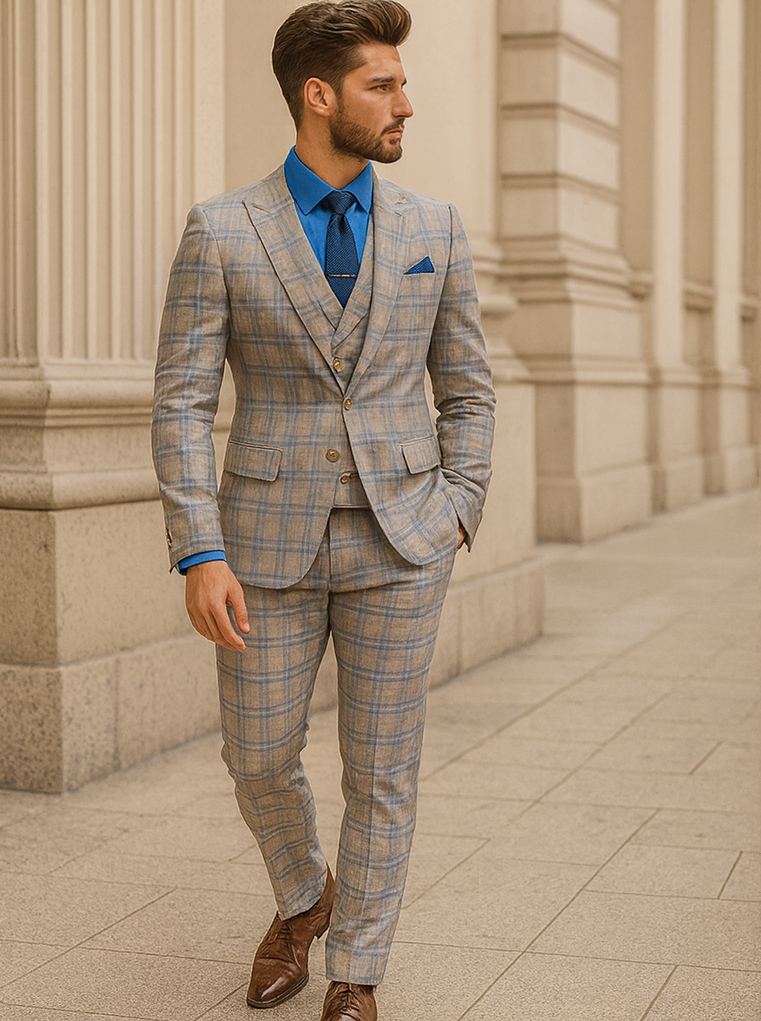 Men’s Light Plaid 3-Piece Suit with Vest – Stylish Formal Wear