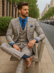Men’s Light Plaid 3-Piece Suit with Vest – Stylish Formal Wear