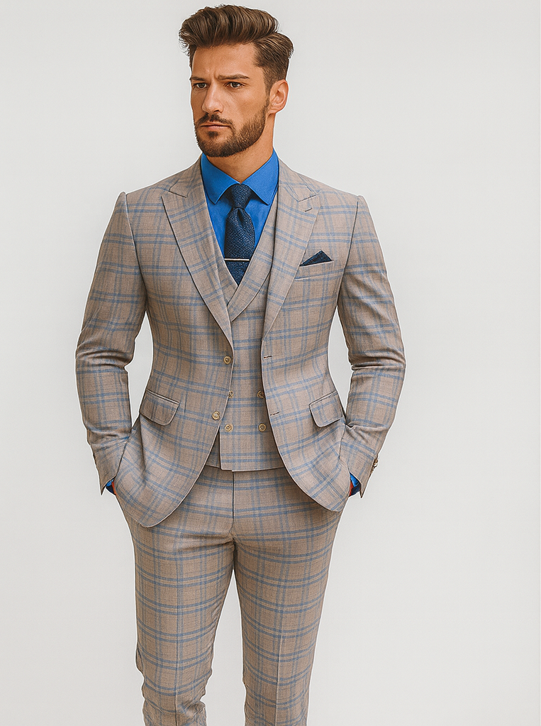 Men’s Light Plaid 3-Piece Suit with Vest – Stylish Formal Wear