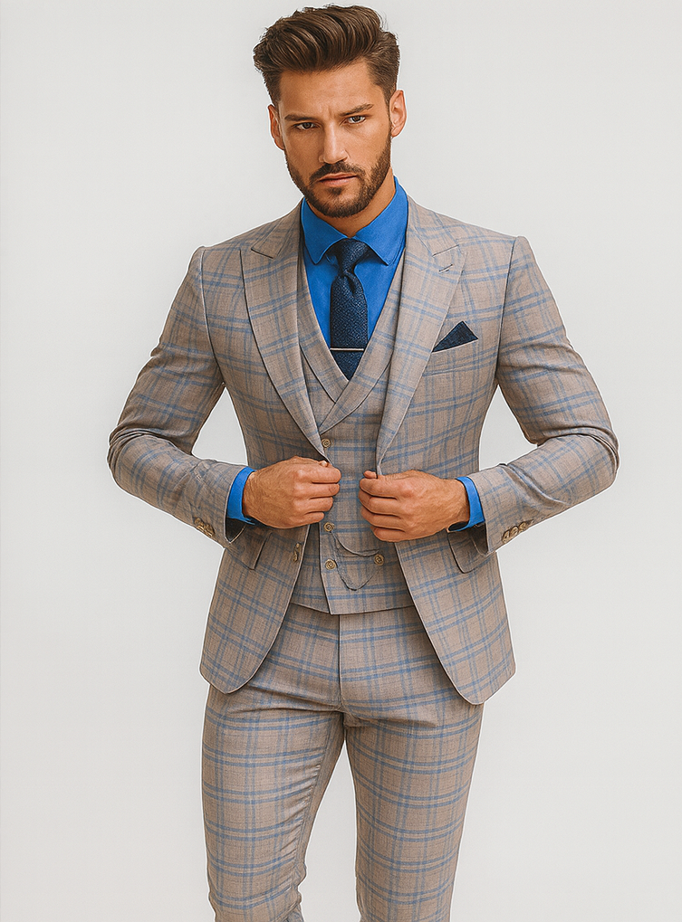 Men’s Light Plaid 3-Piece Suit with Vest – Stylish Formal Wear