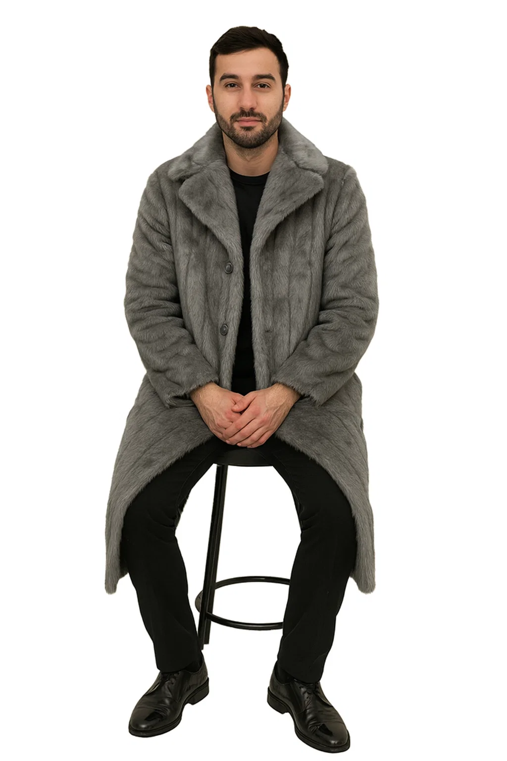 Mens Long Full Length Faur Fur Coat in Grey