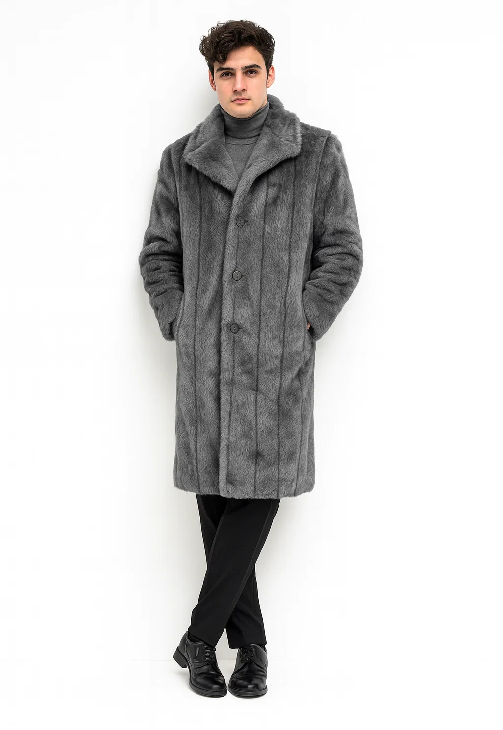 Mens Long Full Length Faur Fur Coat in Grey