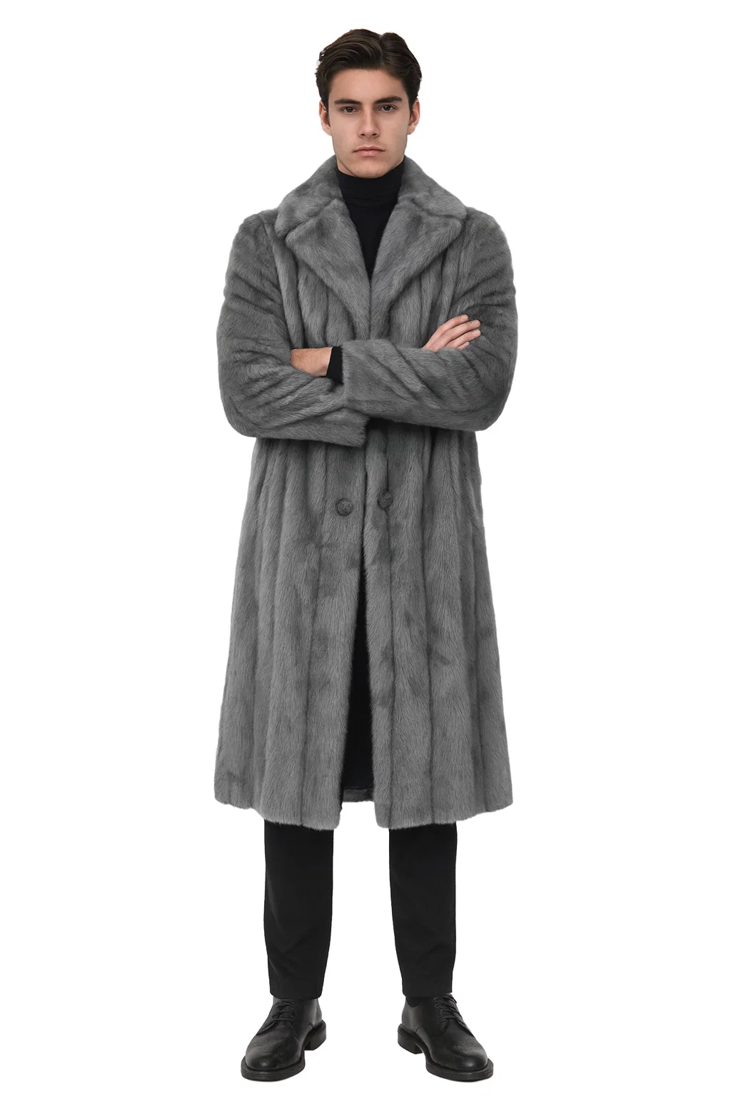 Mens Long Full Length Faur Fur Coat in Grey