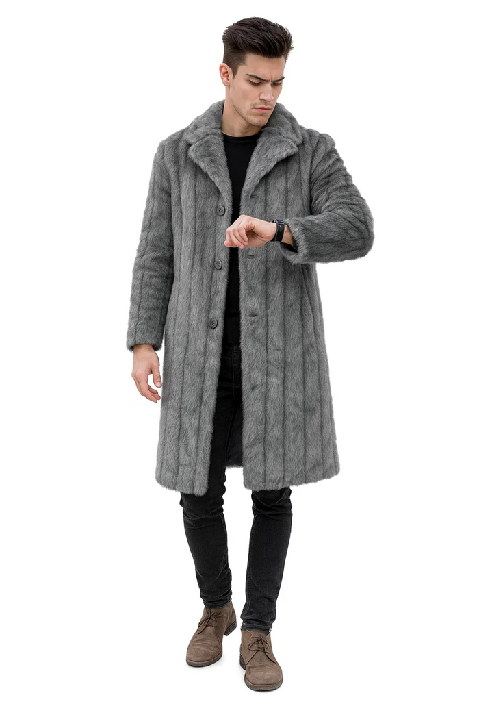 Mens Long Full Length Faur Fur Coat in Grey