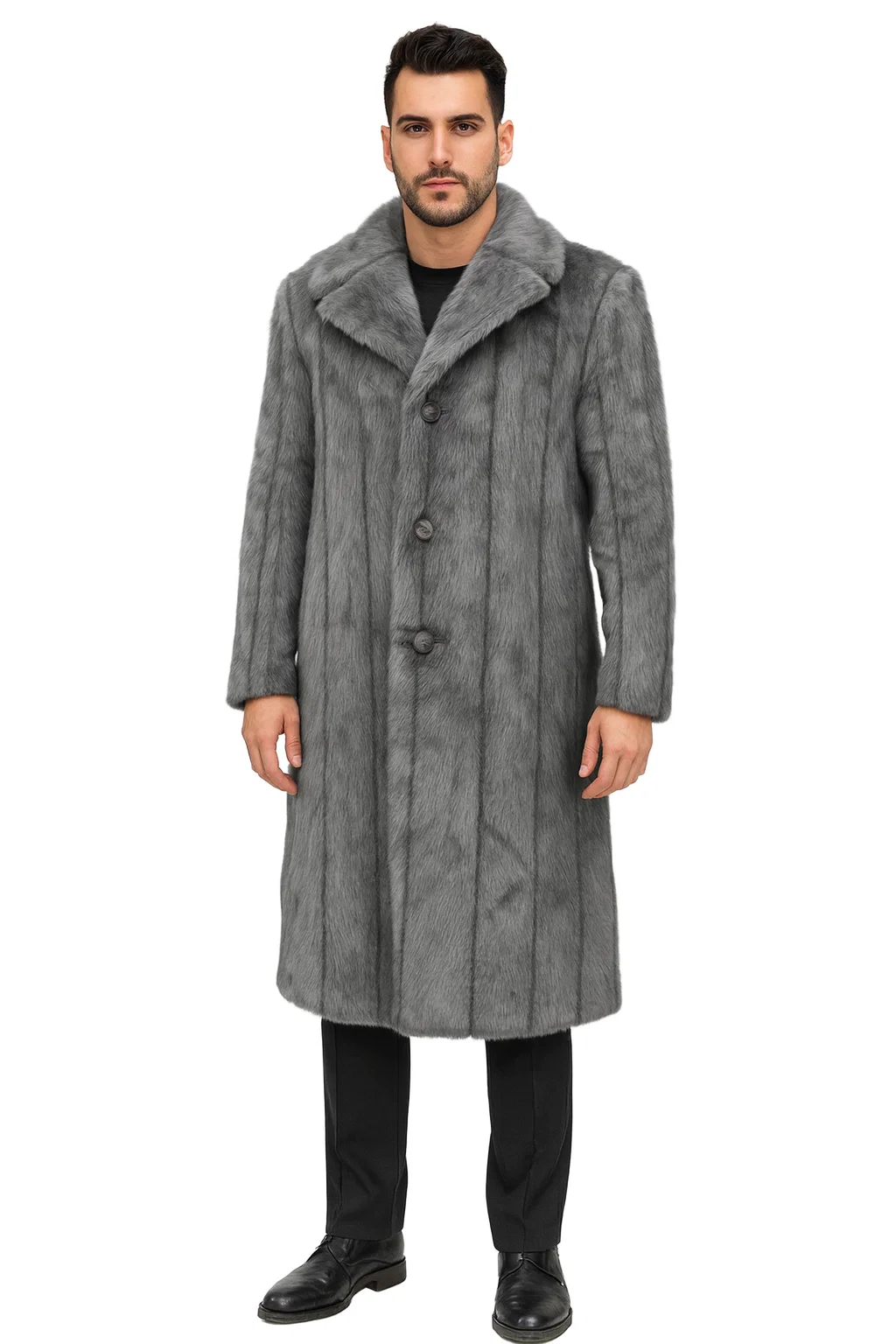 Mens Long Full Length Faur Fur Coat in Grey