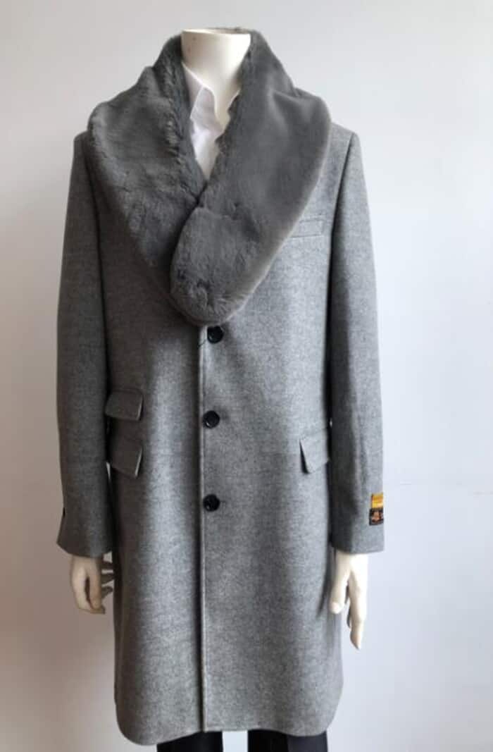 Men's Long Jacket Ticket Pocket Designer men's Wool Peacoat Sale ~ Wool men's Car Coat Mid Length Three quarter length coat ~ Overcoat Wool With Fur Collar LT Gray