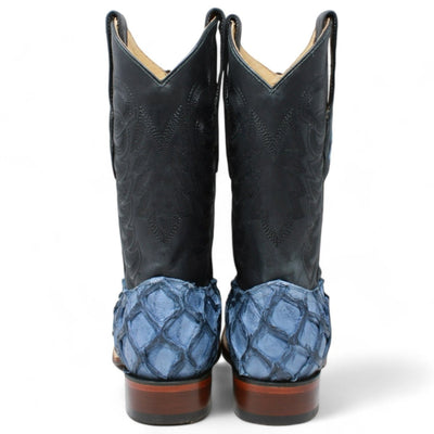 Men's Los Altos Genuine Monster Fish Leather Square Toe Boots - Blue 6 LAB-8221014-060  - from alligatorwarehouse.com