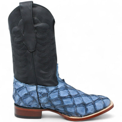 Men's Los Altos Genuine Monster Fish Leather Square Toe Boots - Blue 4 LAB-8221014-060  - from alligatorwarehouse.com