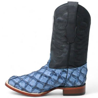 Men's Los Altos Genuine Monster Fish Leather Square Toe Boots - Blue 3 LAB-8221014-060  - from alligatorwarehouse.com