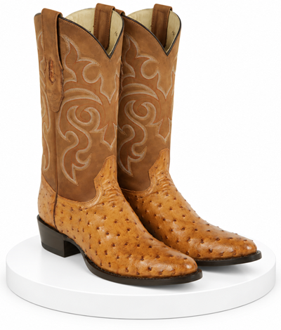 Men's Los Altos Original Full Quill Ostrich Boots Round Toe - Amber 650354