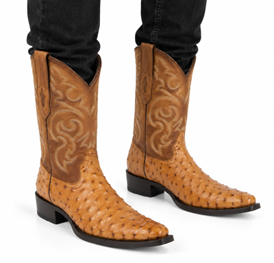 Men's Los Altos Original Full Quill Ostrich Boots Round Toe - Amber 650354