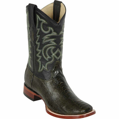Men's Los Altos Ostrich Leg Skin Wide Square Toe Boots - Olive Green 1   - from alligatorwarehouse.com