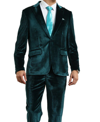 Mens Emerald Green Teal Blue Velvet Suit – Luxury Two Piece Formal Evening Suit