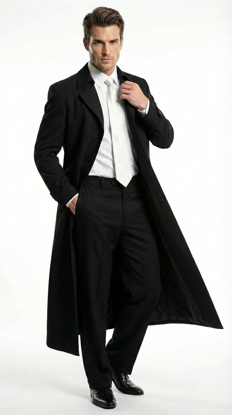 Men's Maxi  Black Full Length Zoot Suit – Vintage Gangster Style Long Coat Formal Suit