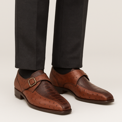 Mezlan Men's Genuine Full Quill Ostrich Leg Monk Brown  Strap Shoes