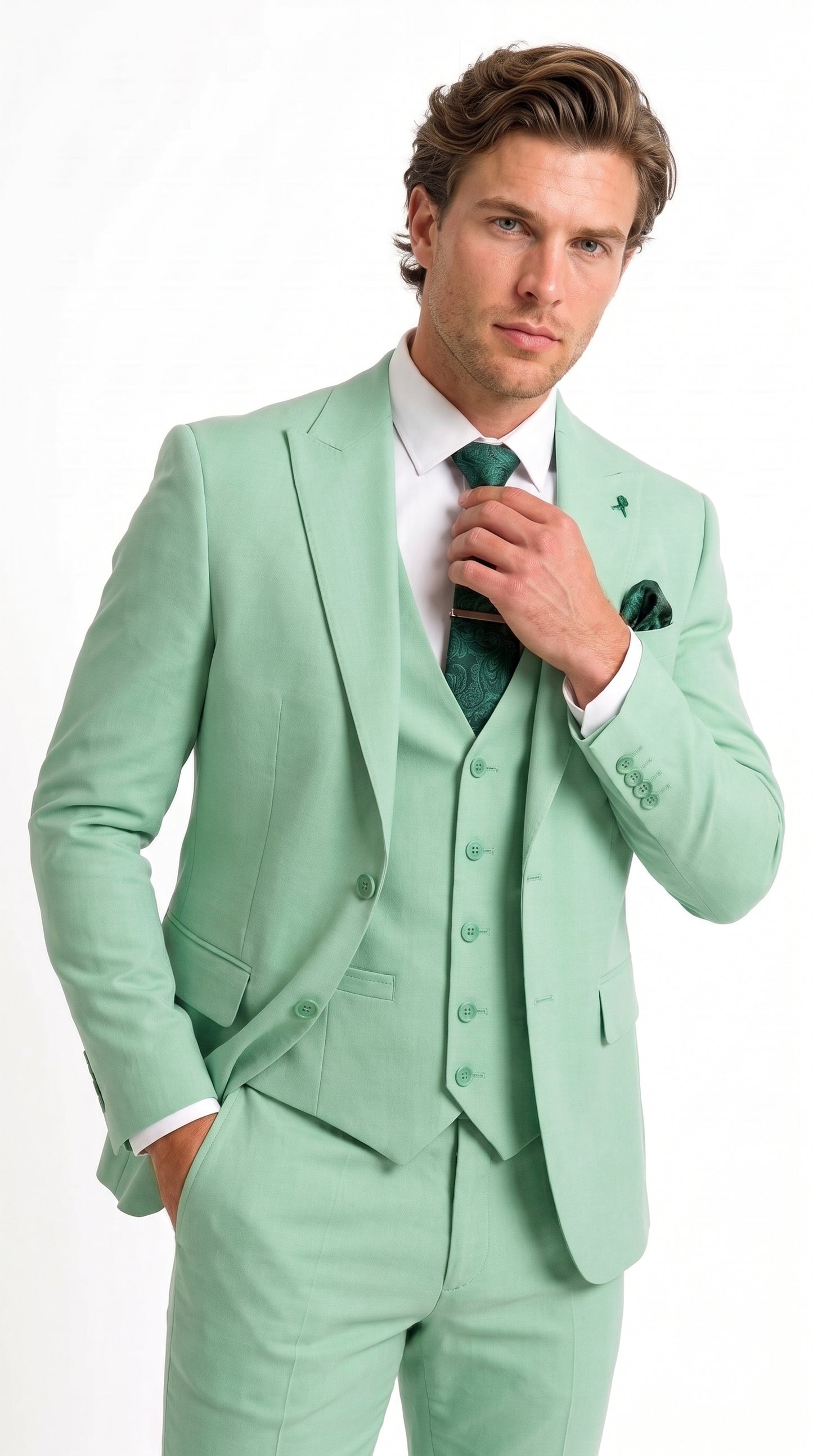 Mens Mint Green 3-Piece Suit – Slim Fit Wedding, Prom & Formal Suit with Matching Vest By Derman