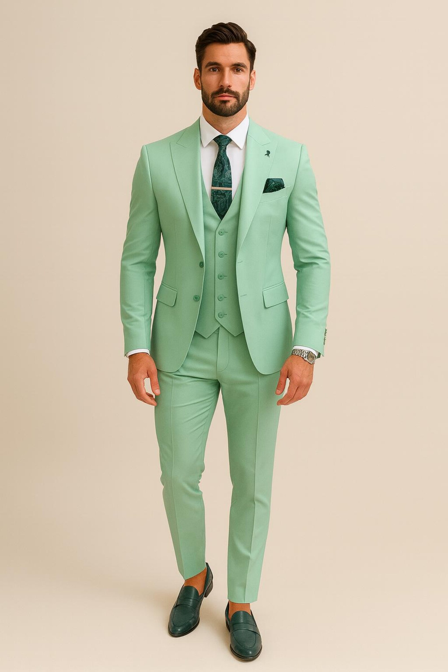 Mens Mint Green 3-Piece Suit – Slim Fit Wedding, Prom & Formal Suit with Matching Vest By Derman