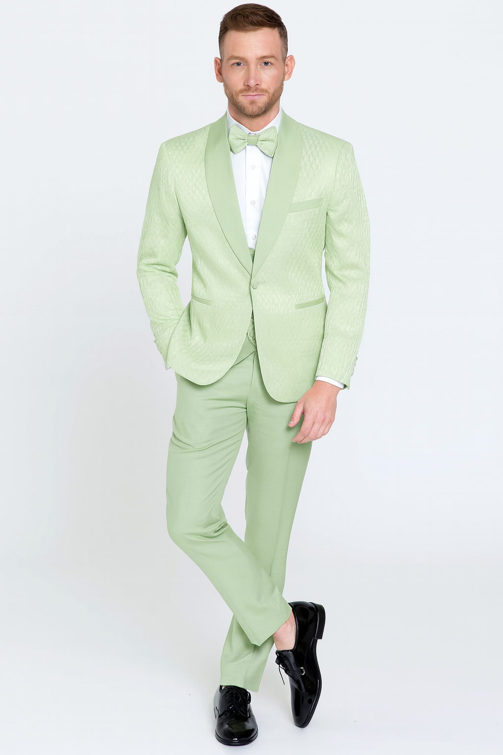 Men’s Mint Green Tuxedo Suit – Slim Fit Shawl Lapel with Matching Bow Tie in Sage Green Color - Light Green 1   - from alligatorwarehouse.com